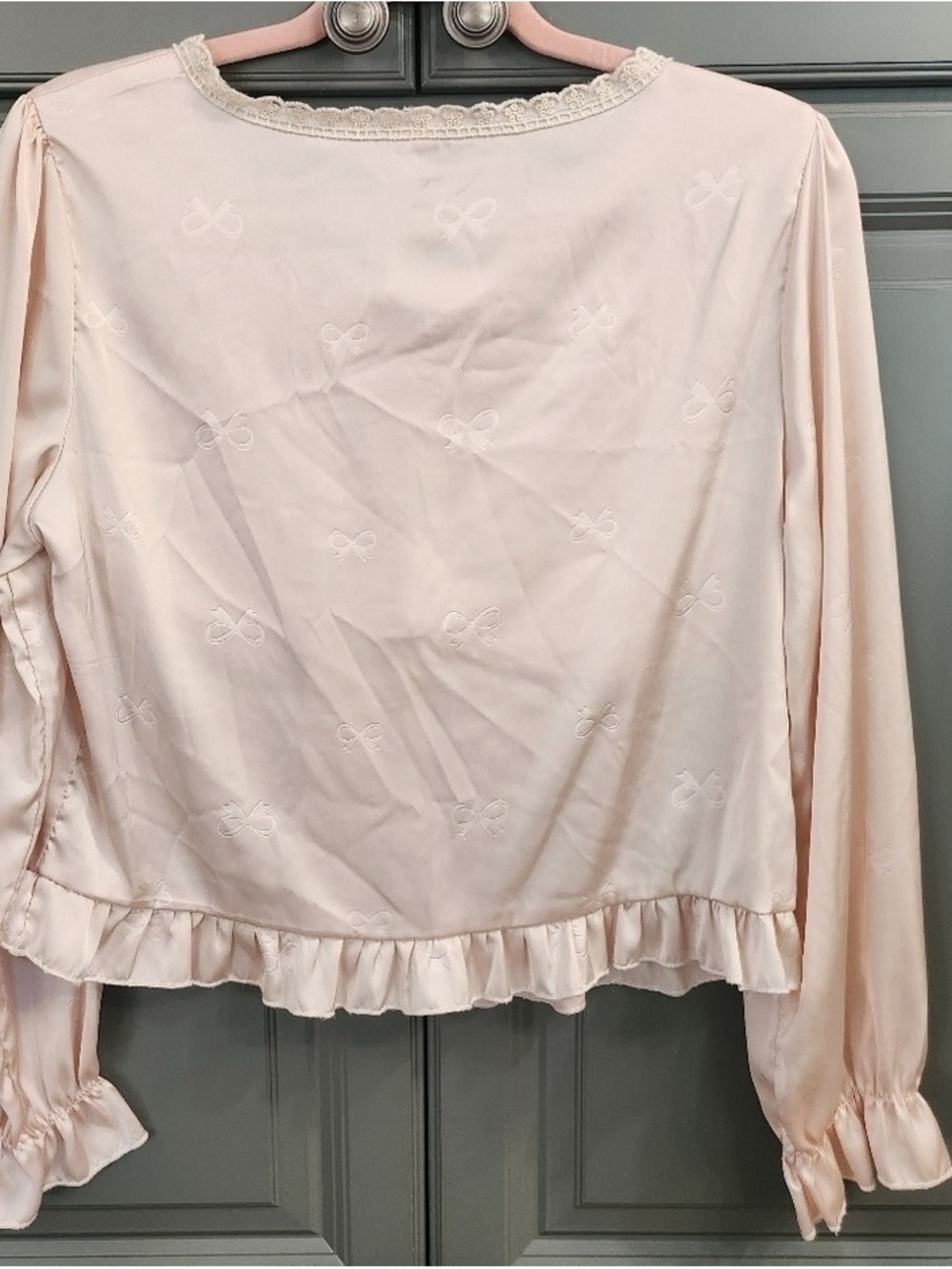 Embroidered Bow Ruffle Blouse - Light Blush